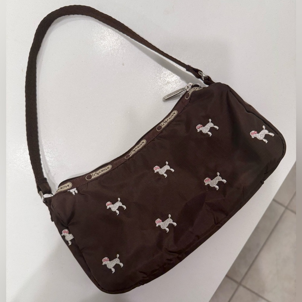 LeSportsac Brown Nylon Shoulder Bag with Embroidered Poodles